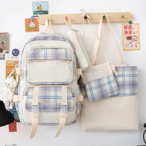 4 Pcs Women Backpack Kawaii Plaid School Bag Mochila Cute Book Schoolbag for Teenage Girl Travel Bagpack Large Capacity Rucksack