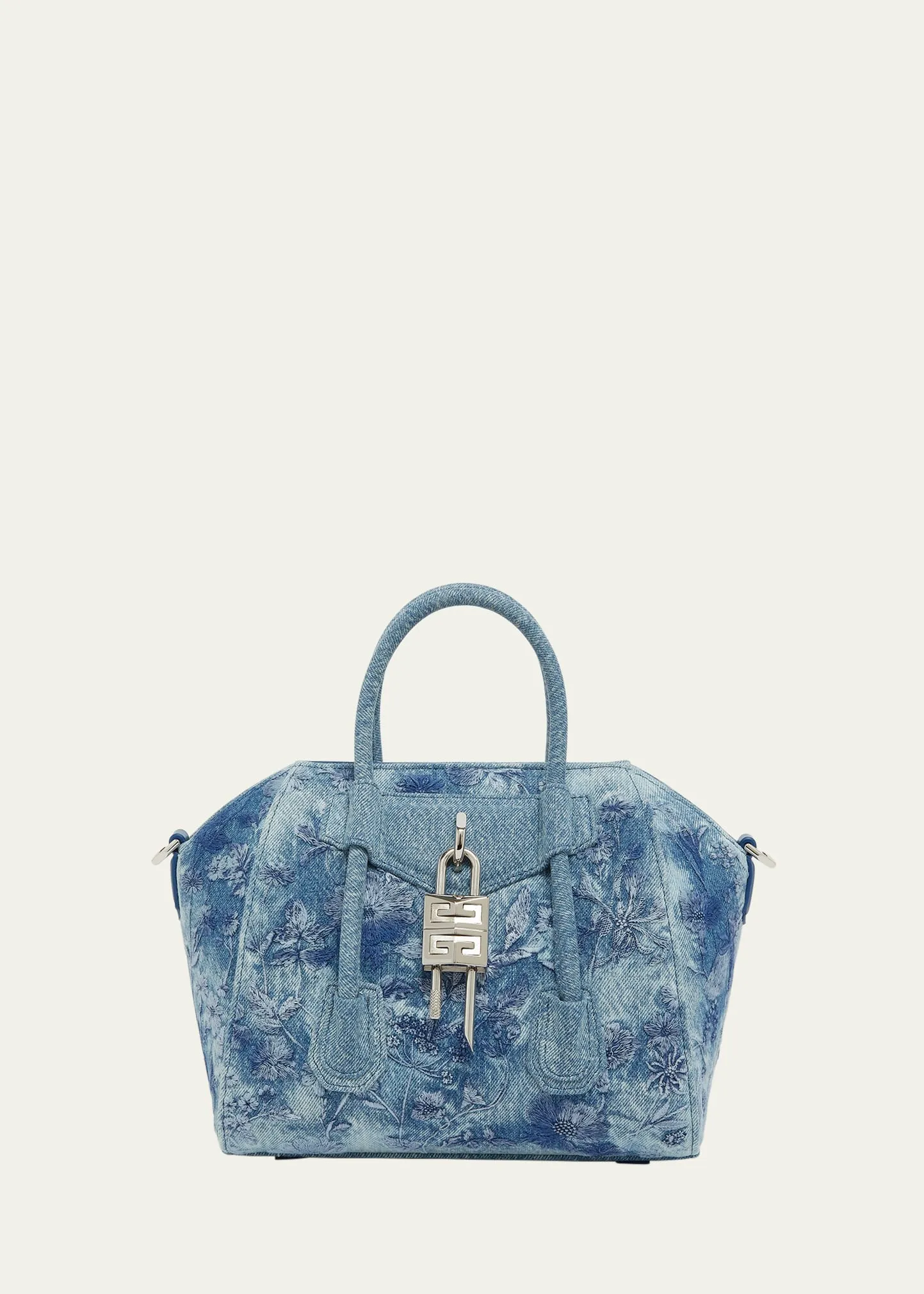 Antigona Lock Mini Top-Handle Bag in Floral Distressed Denim