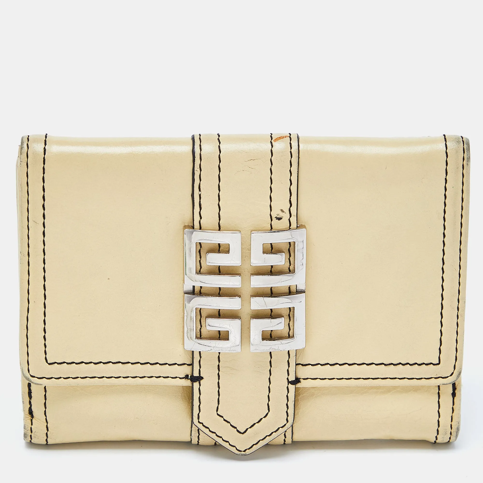 Beige Leather Flap Compact Wallet