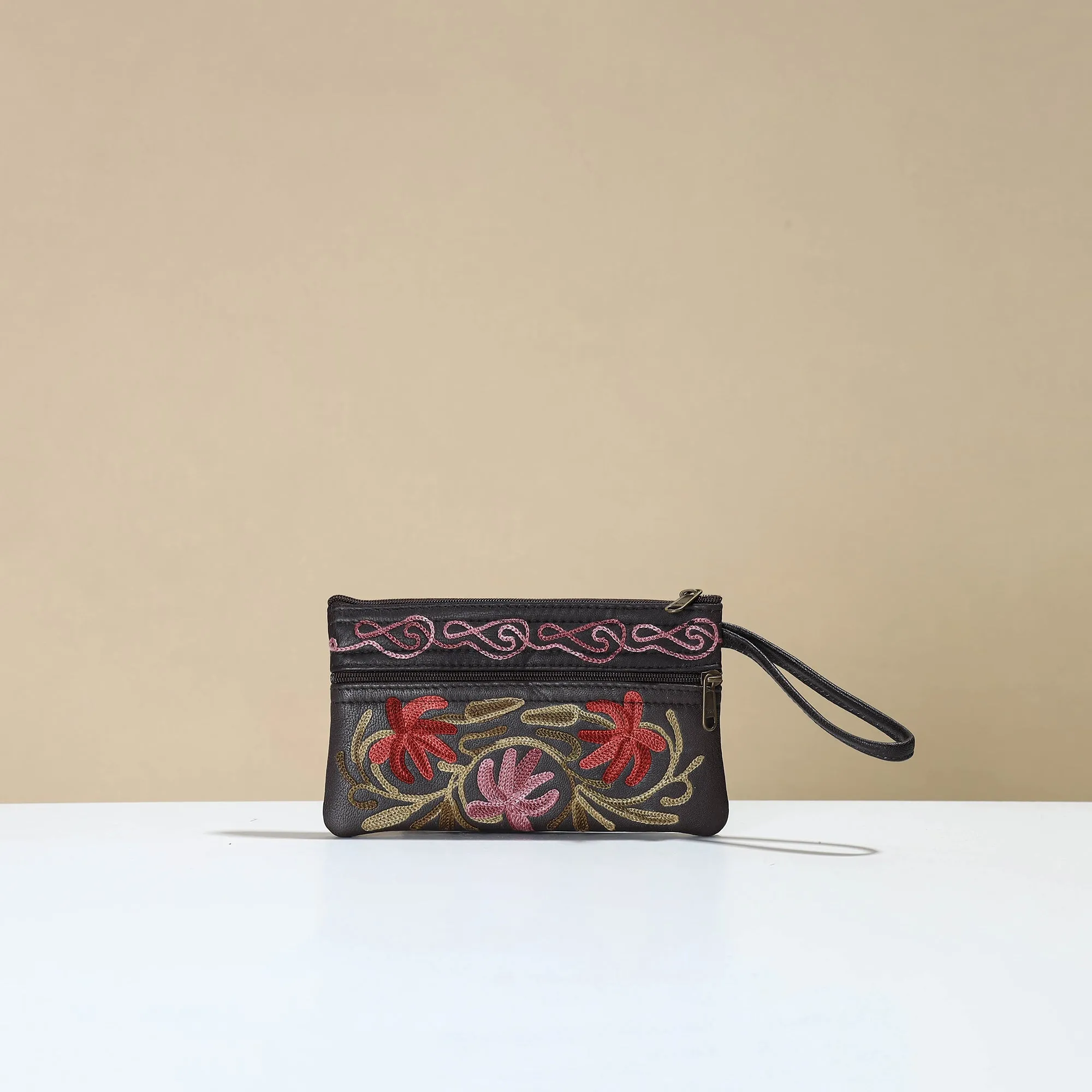 Black - Kashmiri Crewel Hand Embroidery Leather Clutch 14