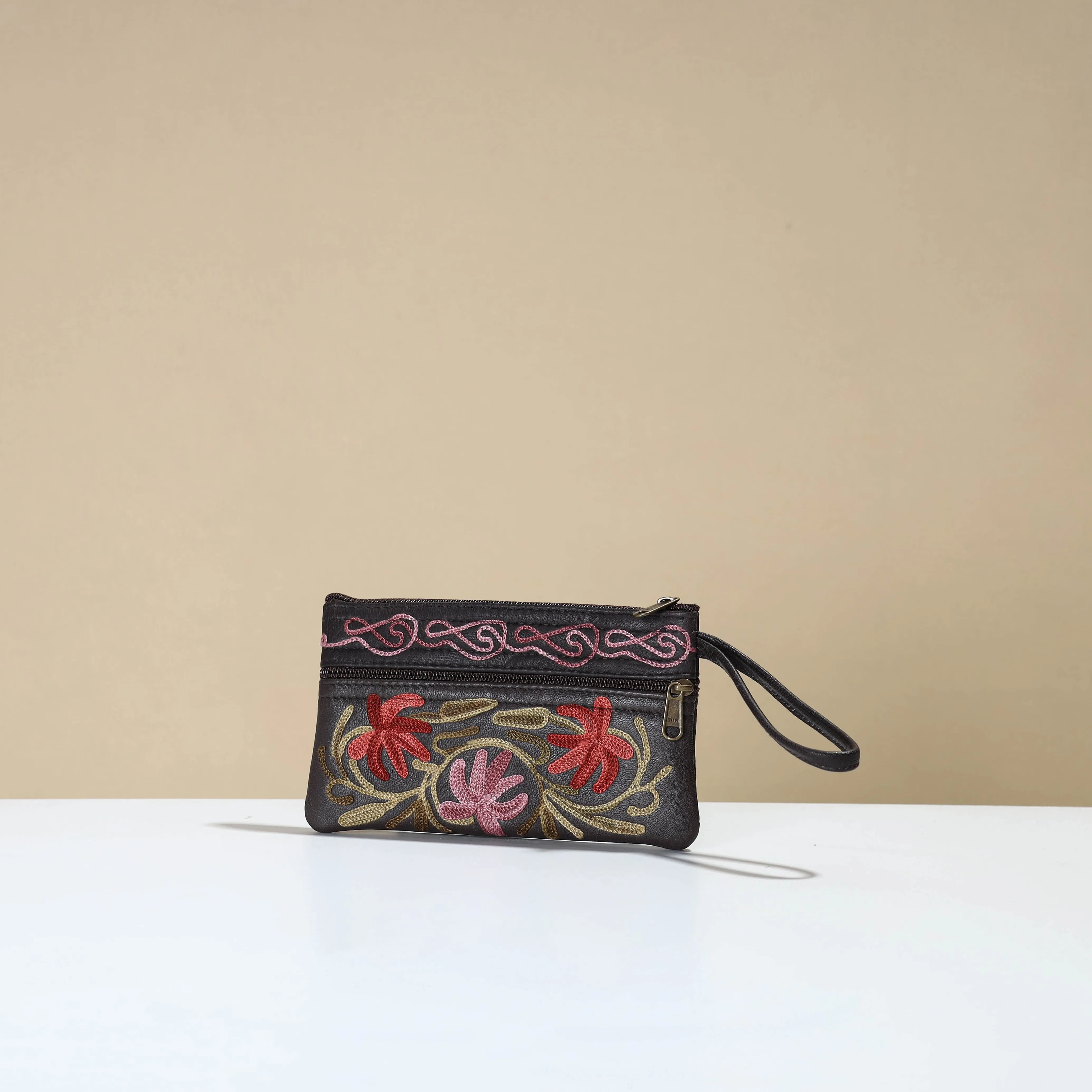 Black - Kashmiri Crewel Hand Embroidery Leather Clutch 14