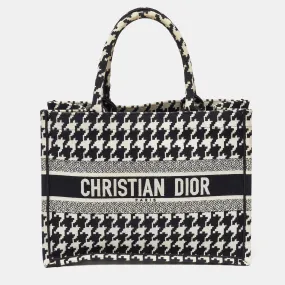 Black/White Embroidered Macro Houndstooth Canvas Medium Book Tote