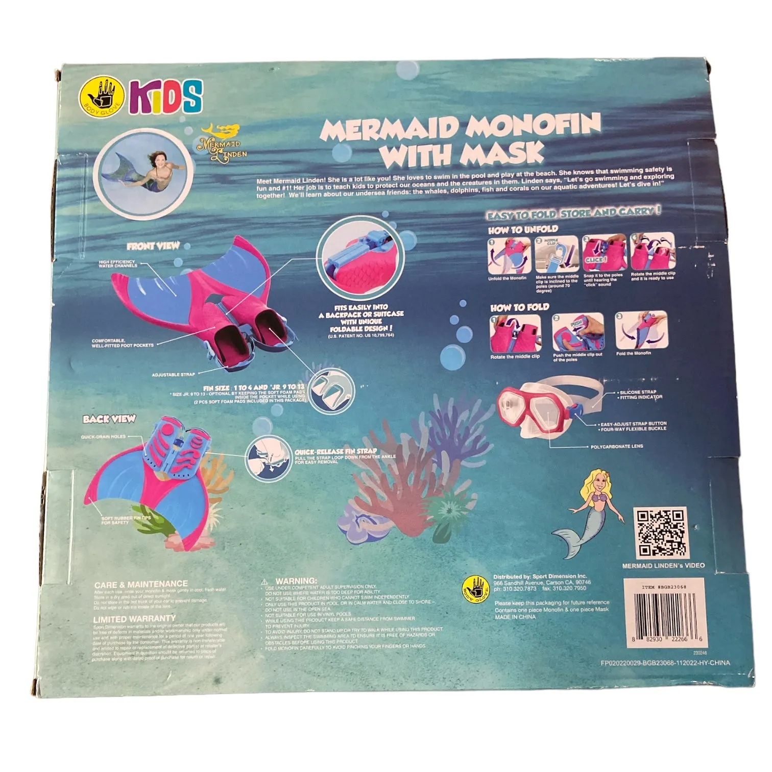 Body Glove Kids' Mermaid Foldable Single Fin, Includes Adjustable Goggles