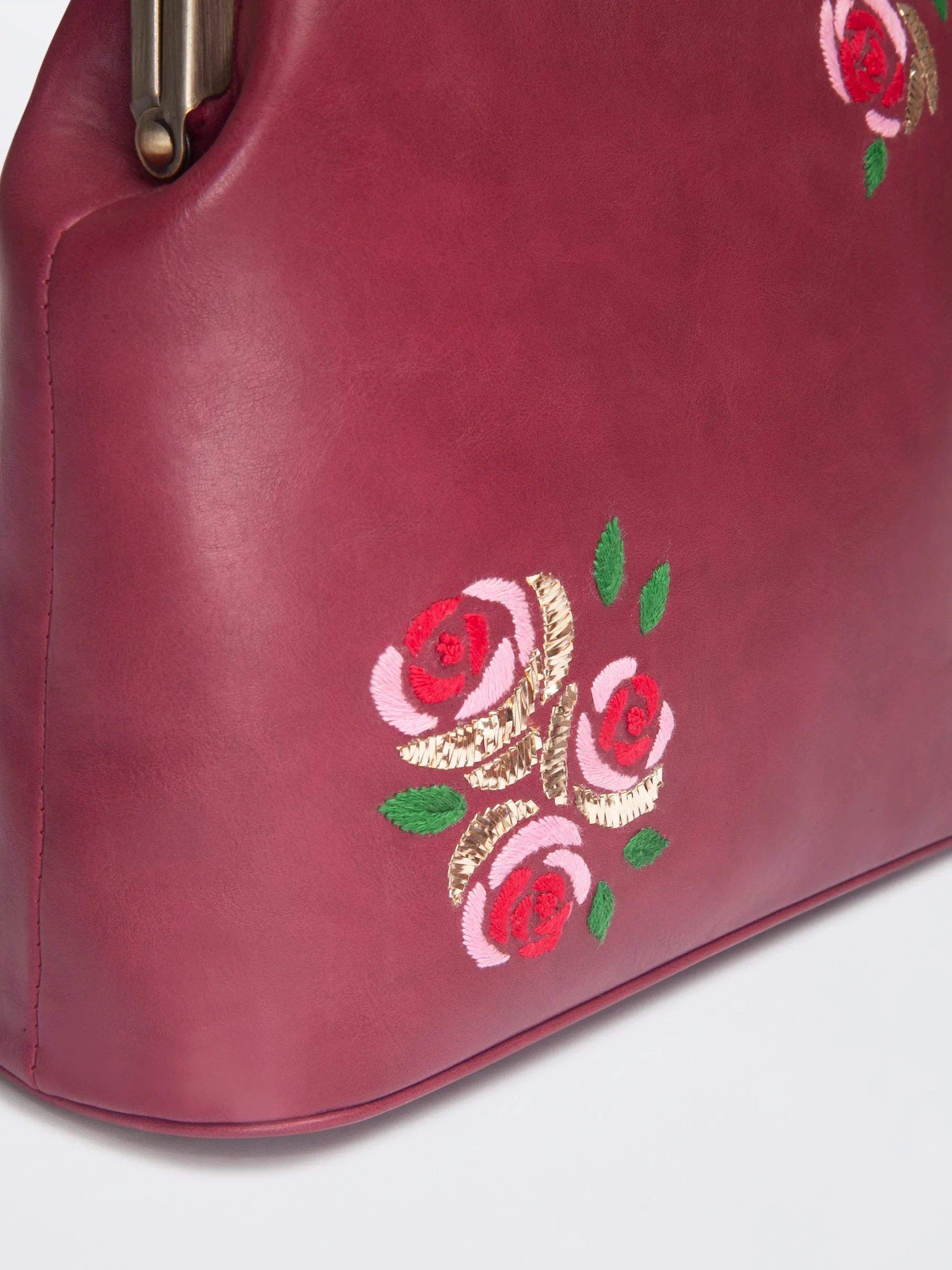 Burgundy Hand Embroidered Three Roses Clutch