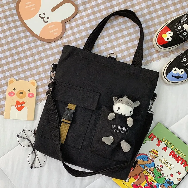 Christmas Gift Fashion Trend Women's Bag 2021 New Canvas Shoulder Bag Cute Bear Student Messenger Bag Literary Zipper Luxury Handbags Tote Bag