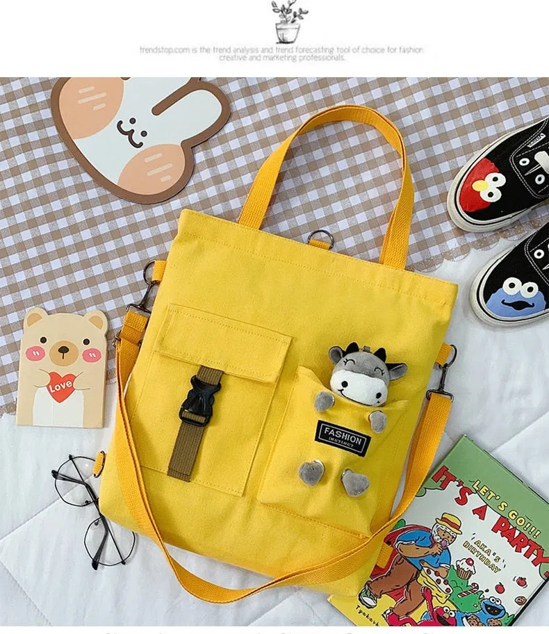 Christmas Gift Fashion Trend Women's Bag 2021 New Canvas Shoulder Bag Cute Bear Student Messenger Bag Literary Zipper Luxury Handbags Tote Bag