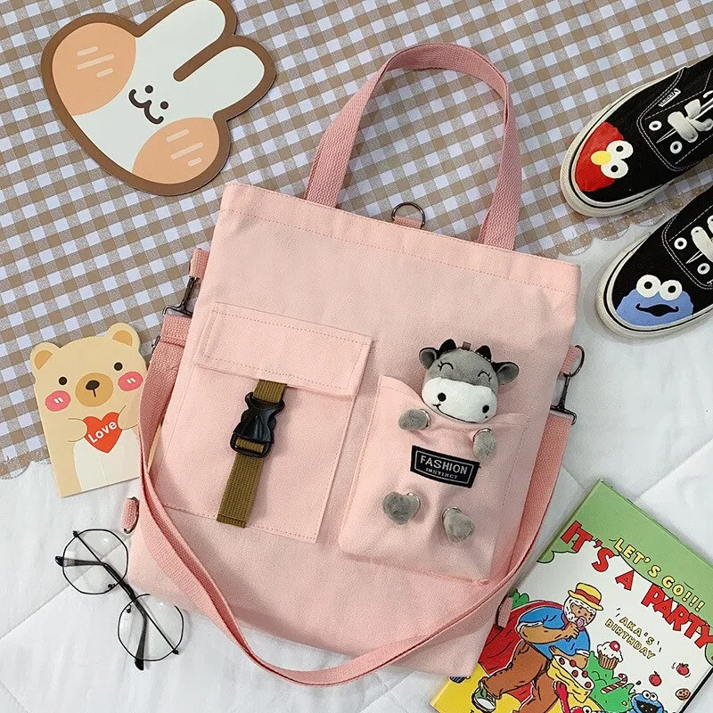 Christmas Gift Fashion Trend Women's Bag 2021 New Canvas Shoulder Bag Cute Bear Student Messenger Bag Literary Zipper Luxury Handbags Tote Bag