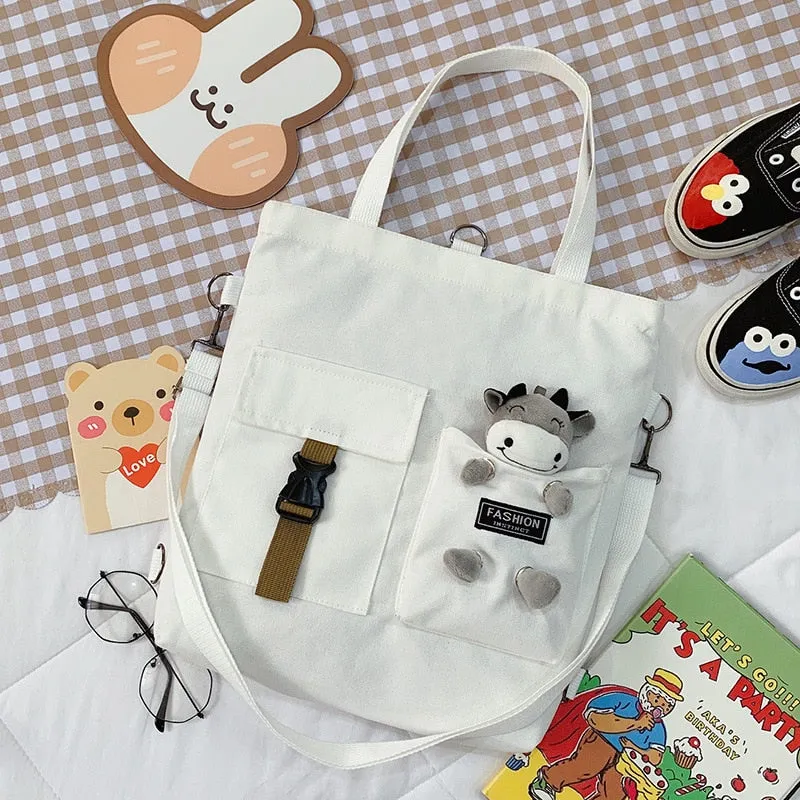 Christmas Gift Fashion Trend Women's Bag 2021 New Canvas Shoulder Bag Cute Bear Student Messenger Bag Literary Zipper Luxury Handbags Tote Bag