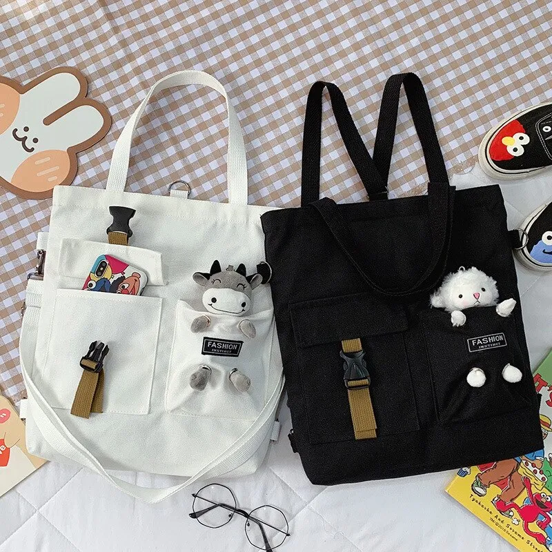 Christmas Gift Fashion Trend Women's Bag 2021 New Canvas Shoulder Bag Cute Bear Student Messenger Bag Literary Zipper Luxury Handbags Tote Bag