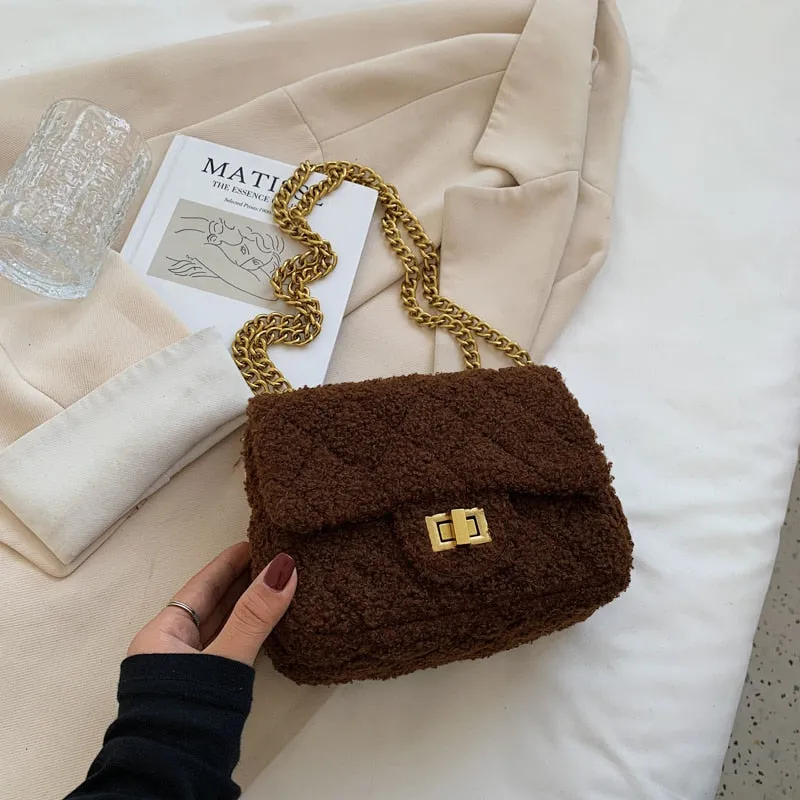 Christmas Gift Small Soft Faux Fur Flap Crossbody Bags with Chain for Women 2021 Winter Simple Solid Color Shoulder Handbags Purses