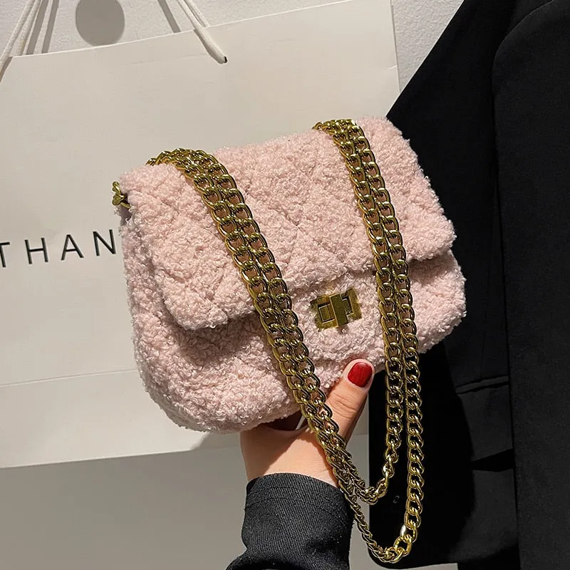 Christmas Gift Small Soft Faux Fur Flap Crossbody Bags with Chain for Women 2021 Winter Simple Solid Color Shoulder Handbags Purses