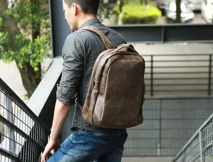 Coffee Leather Mens Backpacks Travel Backpacks Laptop Backpack for men