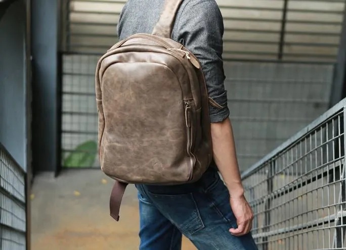 Coffee Leather Mens Backpacks Travel Backpacks Laptop Backpack for men