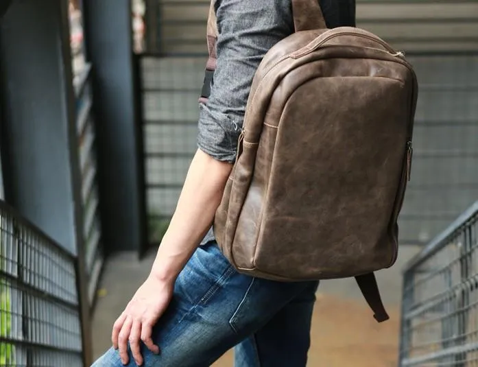 Coffee Leather Mens Backpacks Travel Backpacks Laptop Backpack for men