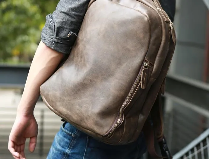 Coffee Leather Mens Backpacks Travel Backpacks Laptop Backpack for men