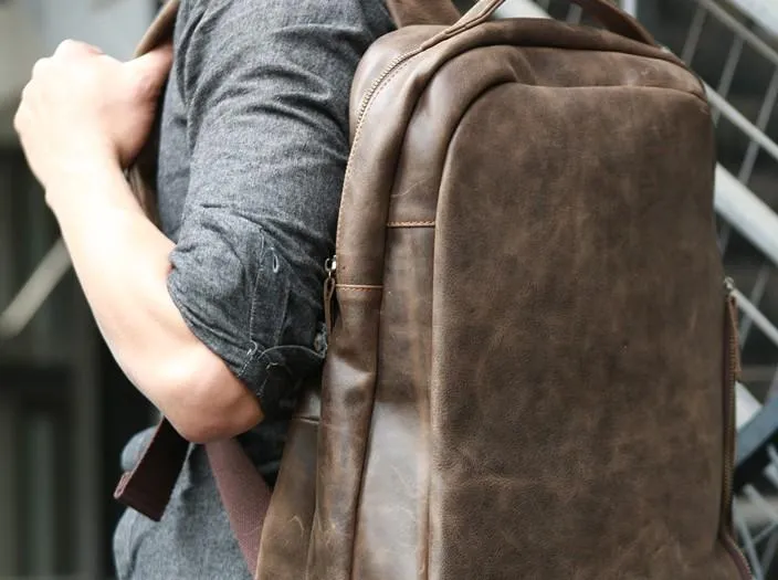 Coffee Leather Mens Backpacks Travel Backpacks Laptop Backpack for men