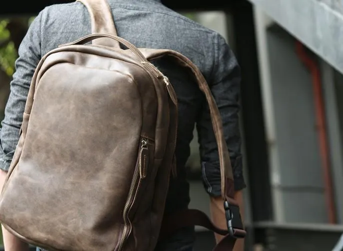 Coffee Leather Mens Backpacks Travel Backpacks Laptop Backpack for men