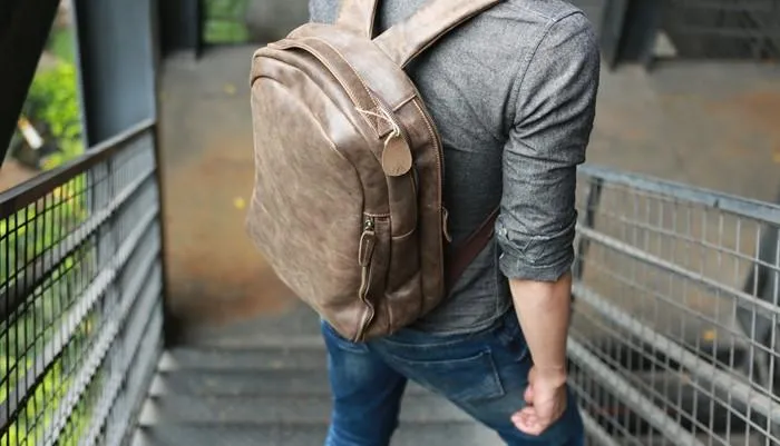 Coffee Leather Mens Backpacks Travel Backpacks Laptop Backpack for men