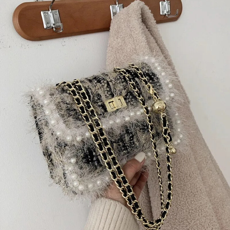 FANTASY Cotton Linen Luxury Messenger Shoulder Bags For Gentlewoman Pearl Plush Handbags Lady 2020 Winter Newest Fashion Design