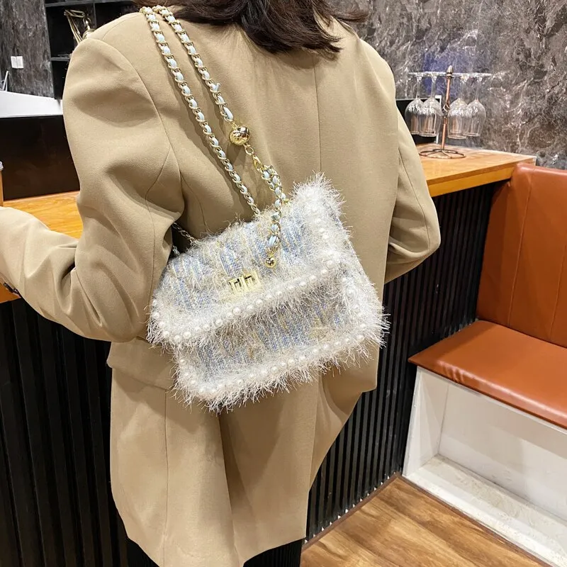 FANTASY Cotton Linen Luxury Messenger Shoulder Bags For Gentlewoman Pearl Plush Handbags Lady 2020 Winter Newest Fashion Design