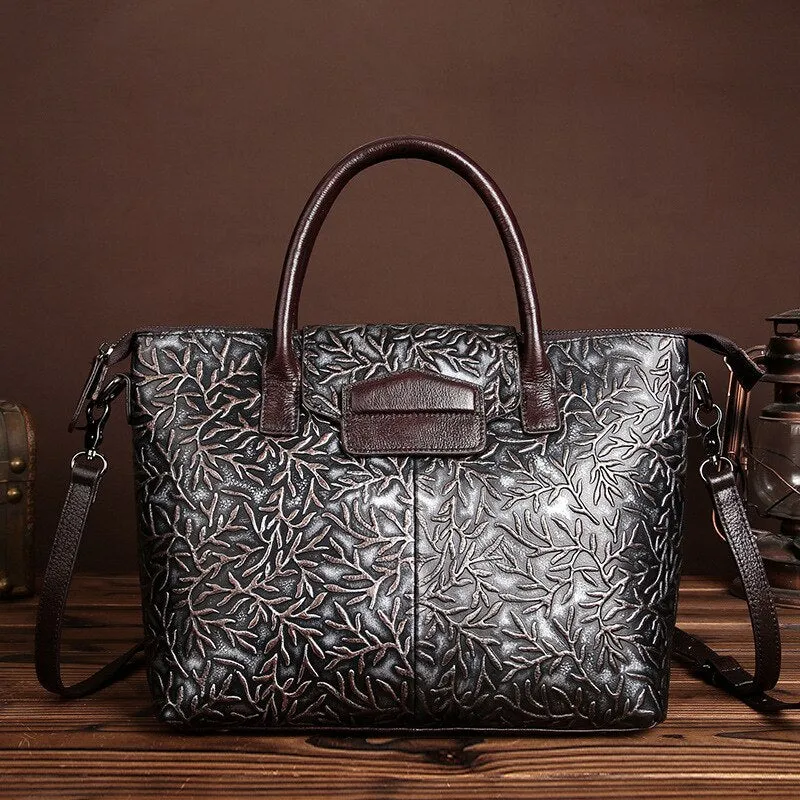 High Quality Genuine Leather Ladies Handbags Women Vintage Embossed Flower Shoulder Bags National Female Messenger Bag Tote