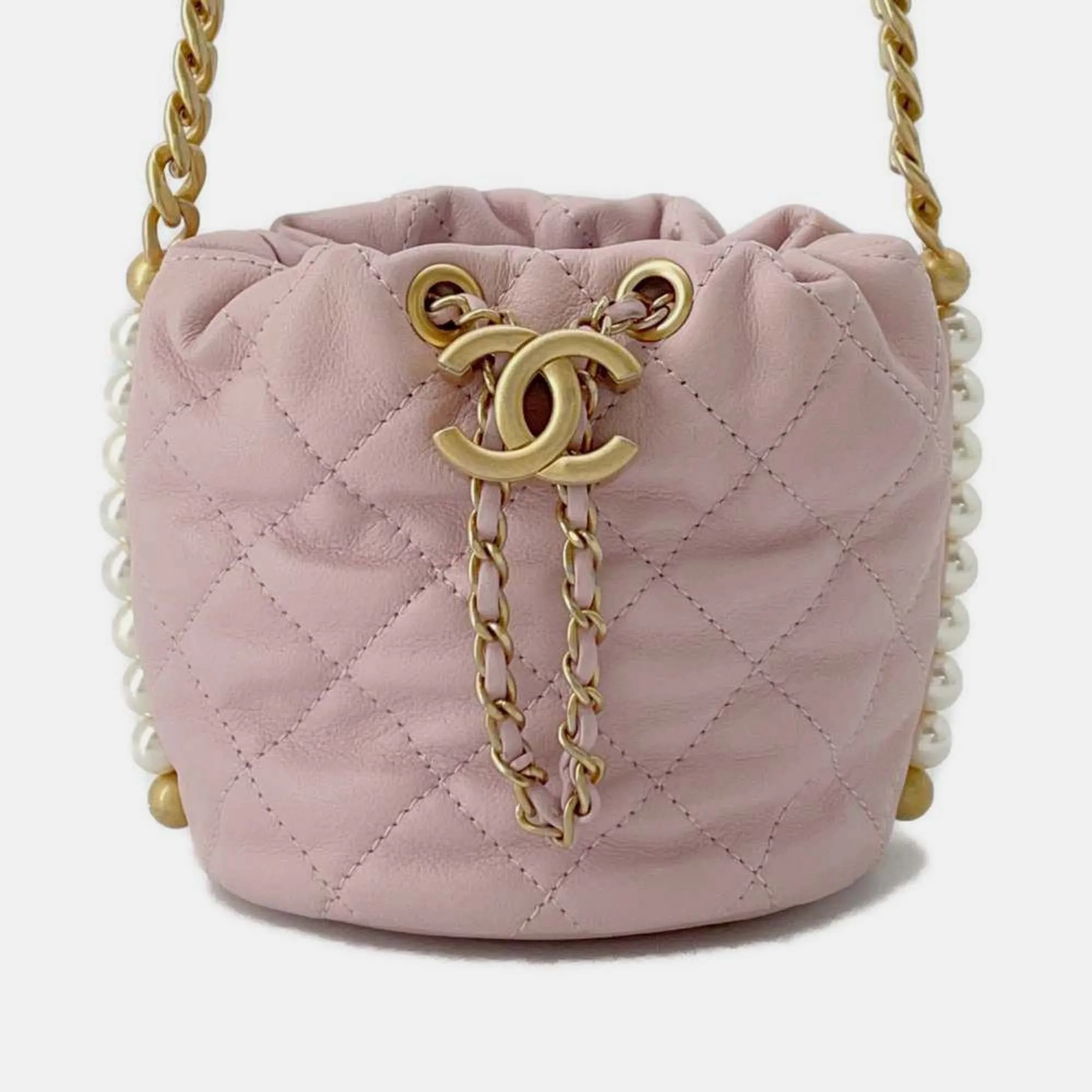 Light Pink Calfskin Quilted Pearl Mini About Pearls Drawstring Bucket Bag