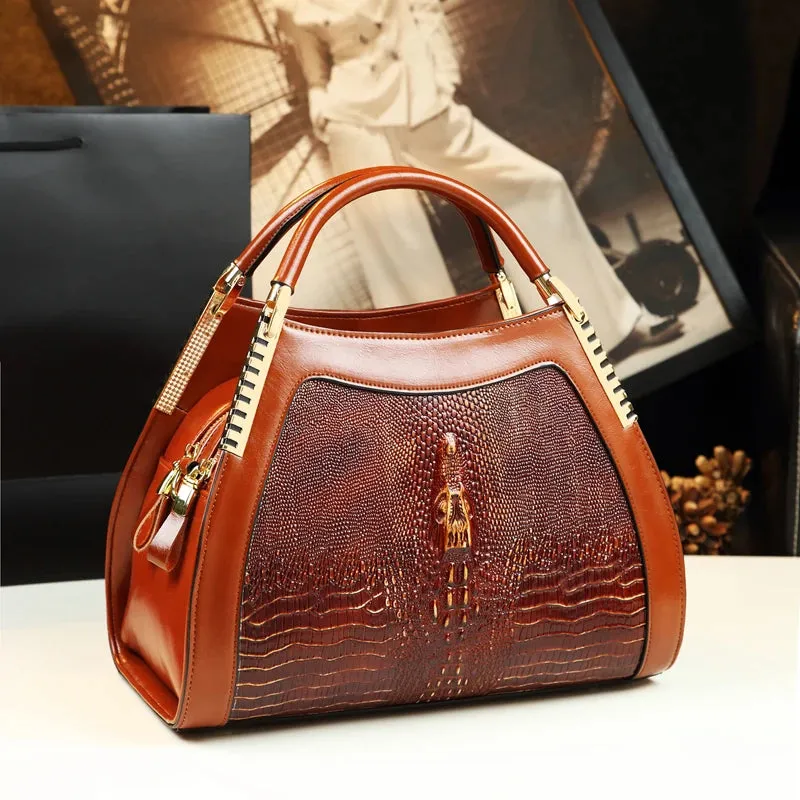 Women's Genuine Leather Crocodile Pattern Shoulder Handbag